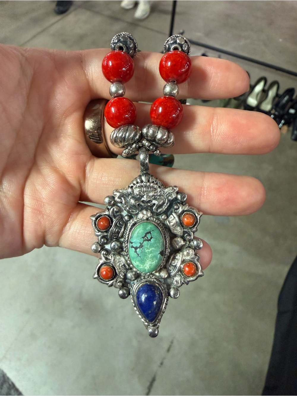 Vintage Tibetan Sterling Silver Necklace with Coral, Lapis and Turquoise